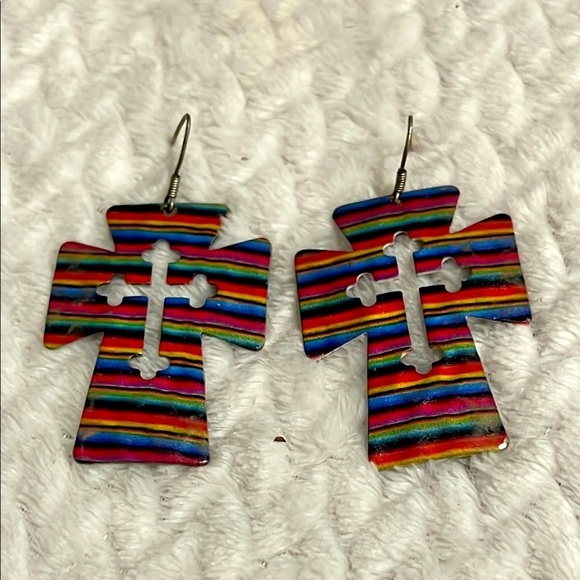 Jewelry - Colorful Striped Cross Earrings Western Flare